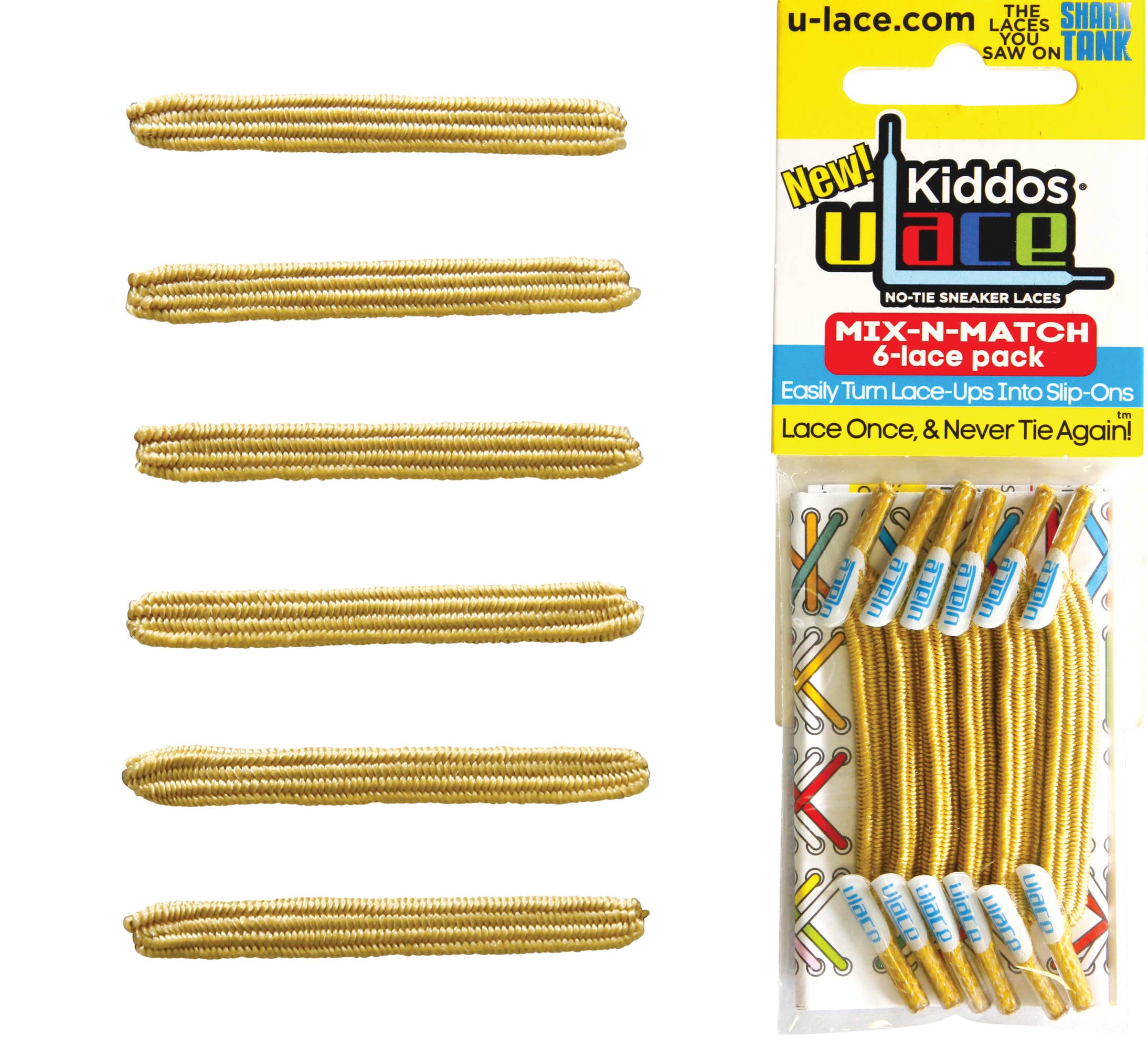 U-Lace Kiddos - No-Tie Laces - 6-Lace Pack - Sparkly Gold