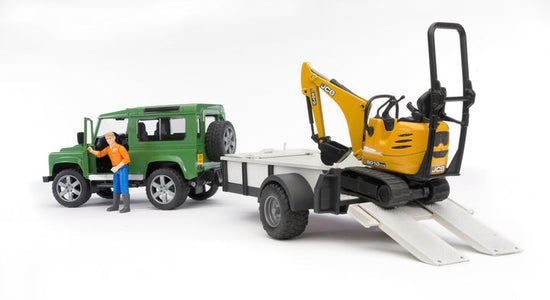 Bruder 02593 Land Rover Defender with Trailer, JCB Micro Excavator and Worker