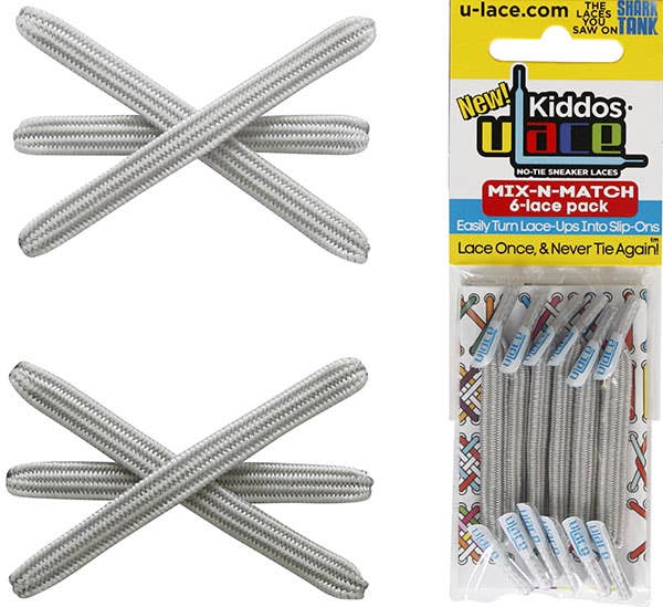 U-Lace Kiddos - No-Tie Laces - 6-Lace Pack - Metallic Silver