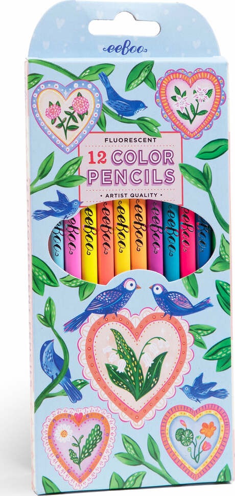 12 Flourescent Pencils Hearts & Birds