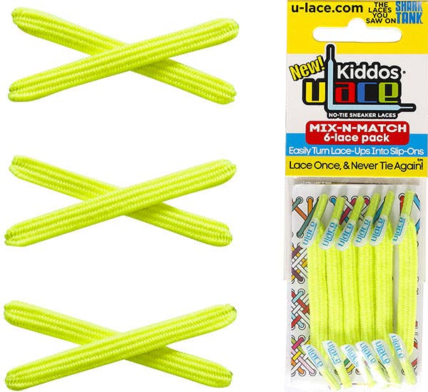 U-Lace Kiddos - No-Tie Laces - 6-Lace Pack - Neon Yellow
