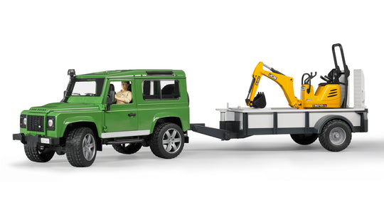 Bruder 02593 Land Rover Defender with Trailer, JCB Micro Excavator and Worker