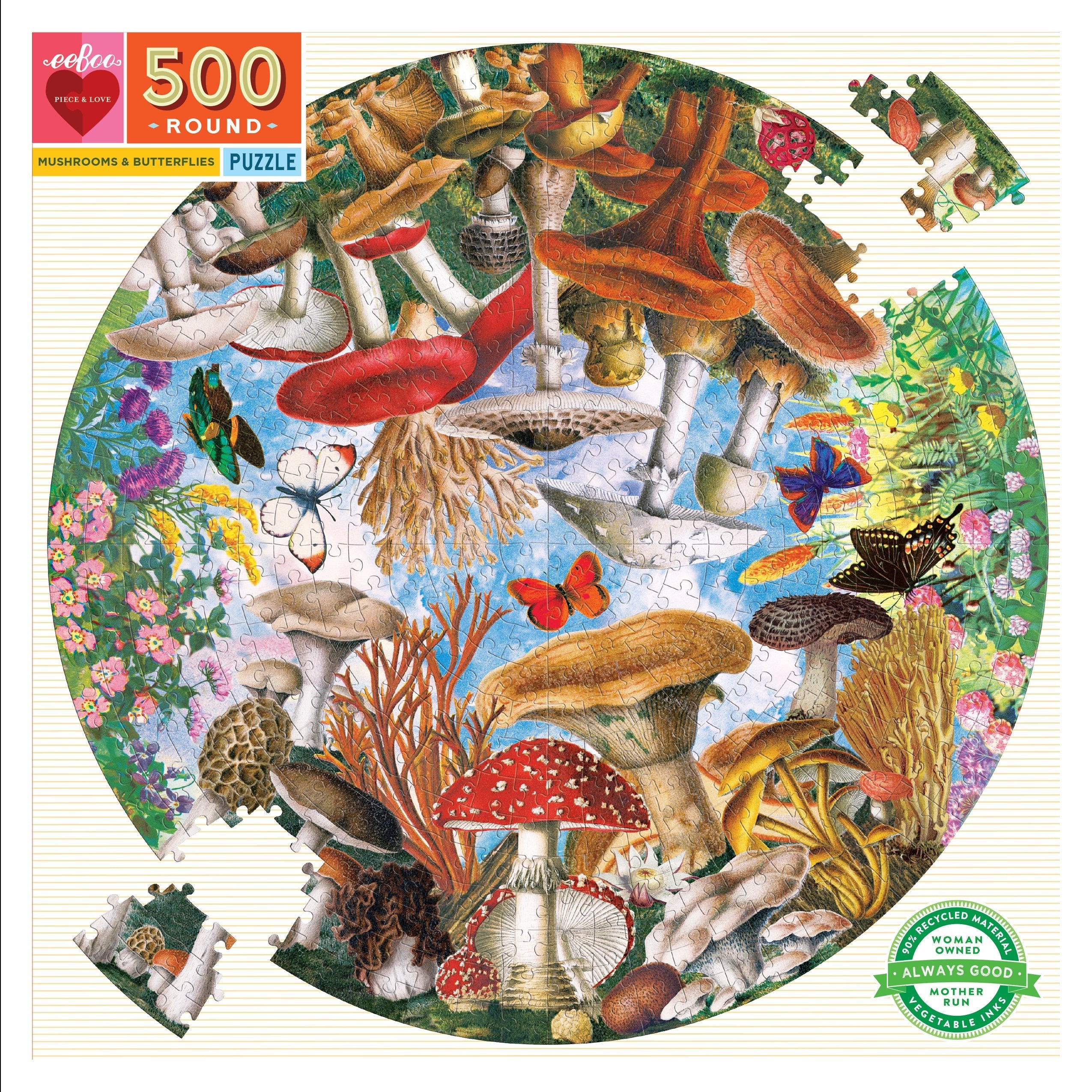 Mushroom and Butterflies 500 Piece Round Puzzle