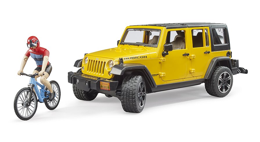 Bruder 2543 Jeep Wrangler Rubicon with mountain bike and cyclist